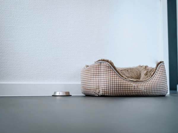 Ein Hundebett in einem modernen Raum neben einem Fressnapf, der auf dem Boden steht.