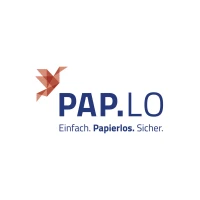Logo von PAP.LO mit dem Slogan „Einfach. Papierlos. Sicher.“ in blauer Schrift, daneben eine stilisierte, rötlich-braune Origami-Vogelgrafik.